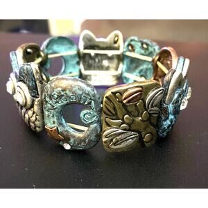Bracelet Boho Gold Owl Aqua Abstract Section Stretch Bracelet
